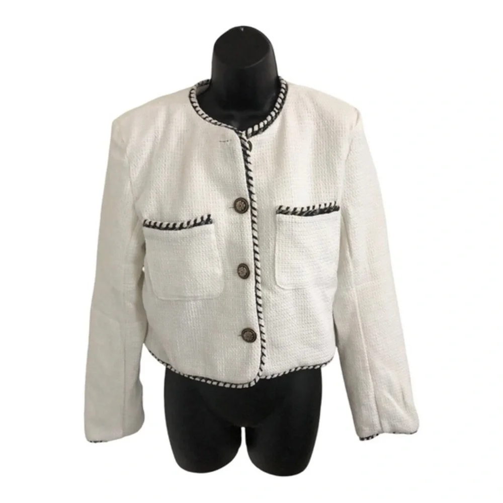 Haute‎ Monde offwhite ecru textured collarless baroque button blazer jacket sz M